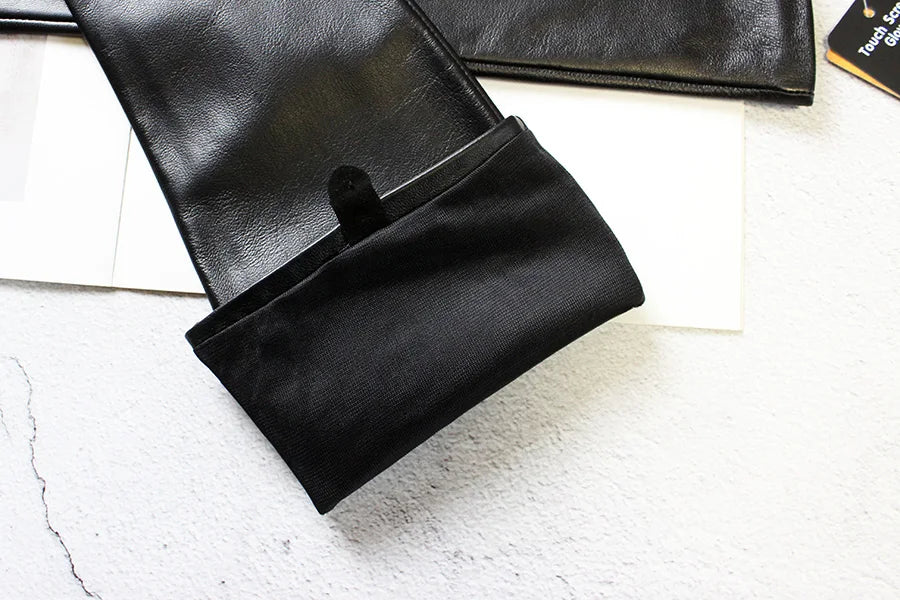 Touch Screen Extra Long Leather Sheepskin Gloves Women's Black Fashion Simple Straight Style Velvet Lining Winter Warm Sleeve