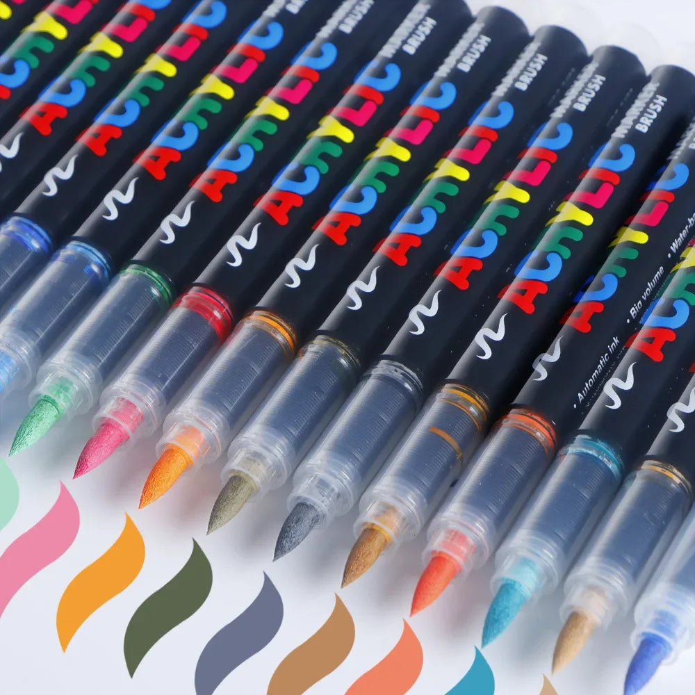 12-48 Color Acrylic Marker Pen Set Waterproof Scrapbook DIY Brush Tip Drawing Paint Marker Art School Supplies Stationery