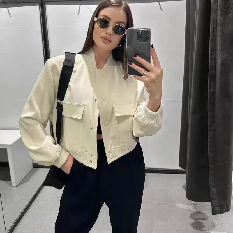 2024 Woman Bomber Jacket Coat White Autumn Winter Button Baseball Aviator Cropped Jackets For Women Long Sleeve Crop Outerwear