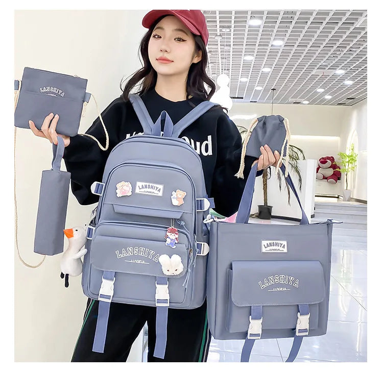 5-piece Set of Free Pendants Forest Style Korean Version Casual Harajuku Student Backpack for High School Girls Large Capacity Viralgem Store