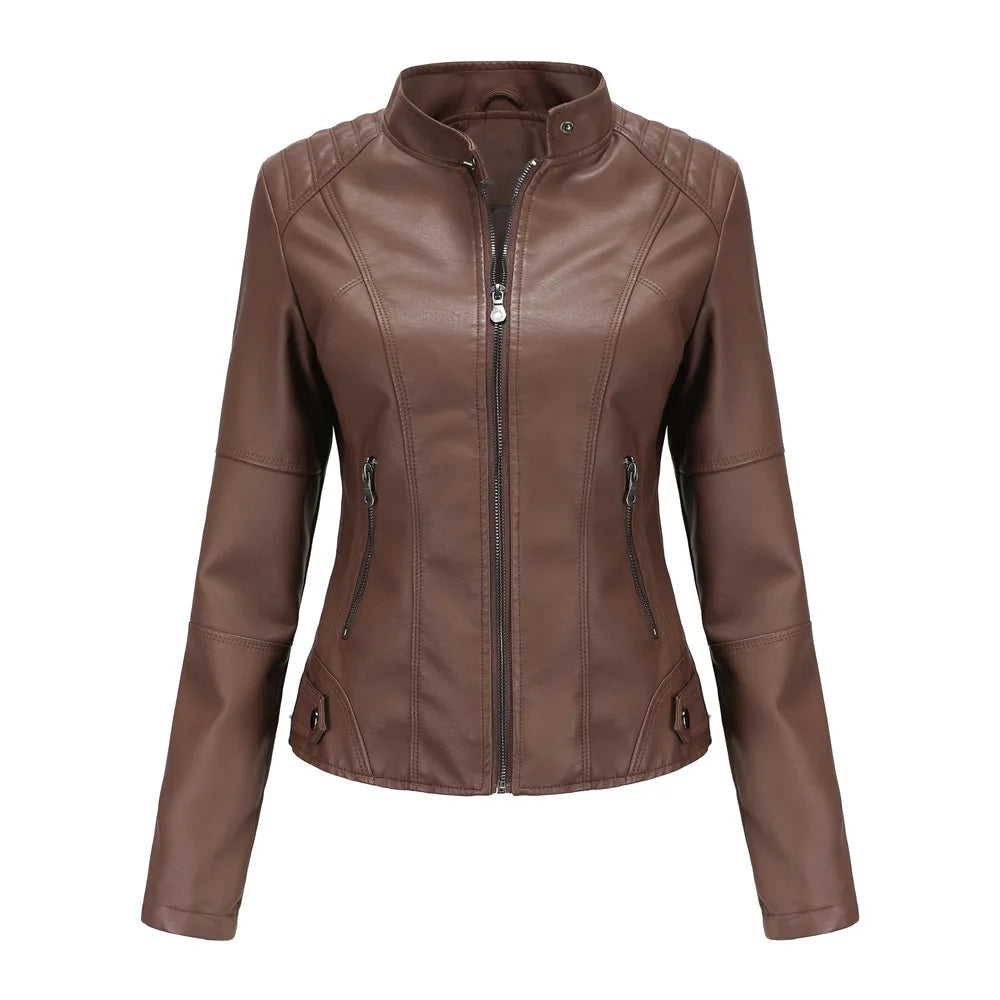 Women Moto Biker Zipper Jacket 2024 Faux Leather Jacket Women Spring Autumn Coat Black Brown Red Purple Navy Coffee Black XS 4XL Viralgem Store