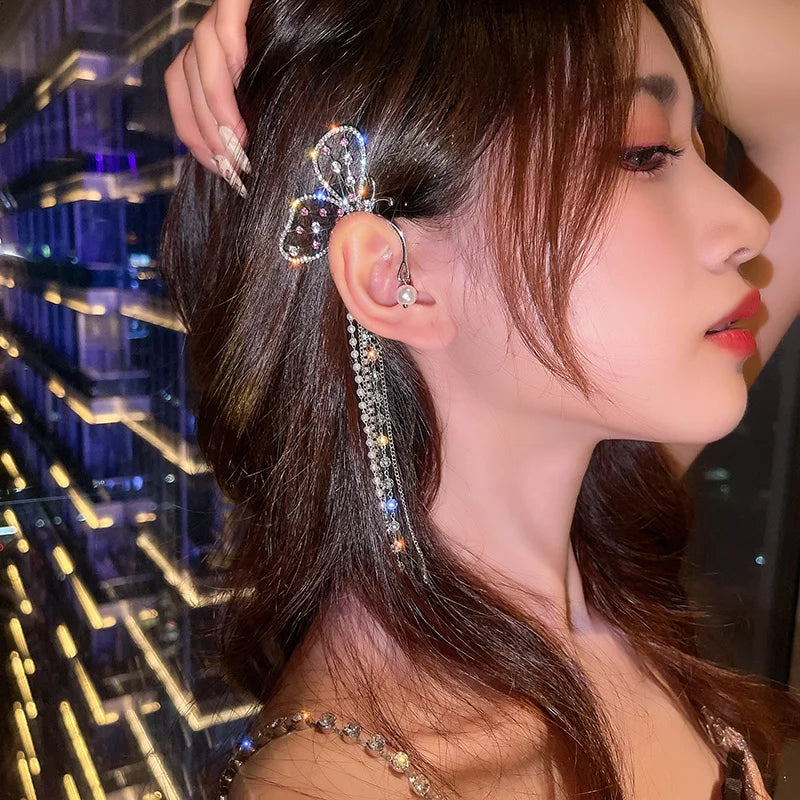 20Style Luxury Shiny Crystal Rhinestone Long Tassel Ear Cuff No Pierced Ear Clip Earrings For Women Wedding Korean Trend Jewelry Viralgem Store