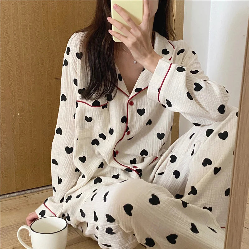 2 Pieces Womens Pajamas Long Sleeve Sleepwear Korean Heart Print Pijama Set Casual Nightwear Lady Home Suit Spring Pyjama Nighty