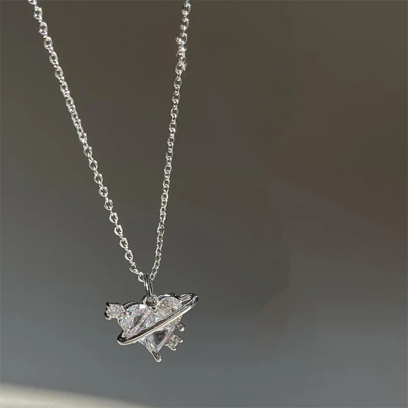 Y2K Pink Planet Heart Zircon Pendant Necklaces Women Fashion Aesthetic Clavicle Chain Necklace Valentines Day Gift Party Jewelry Viralgem Store