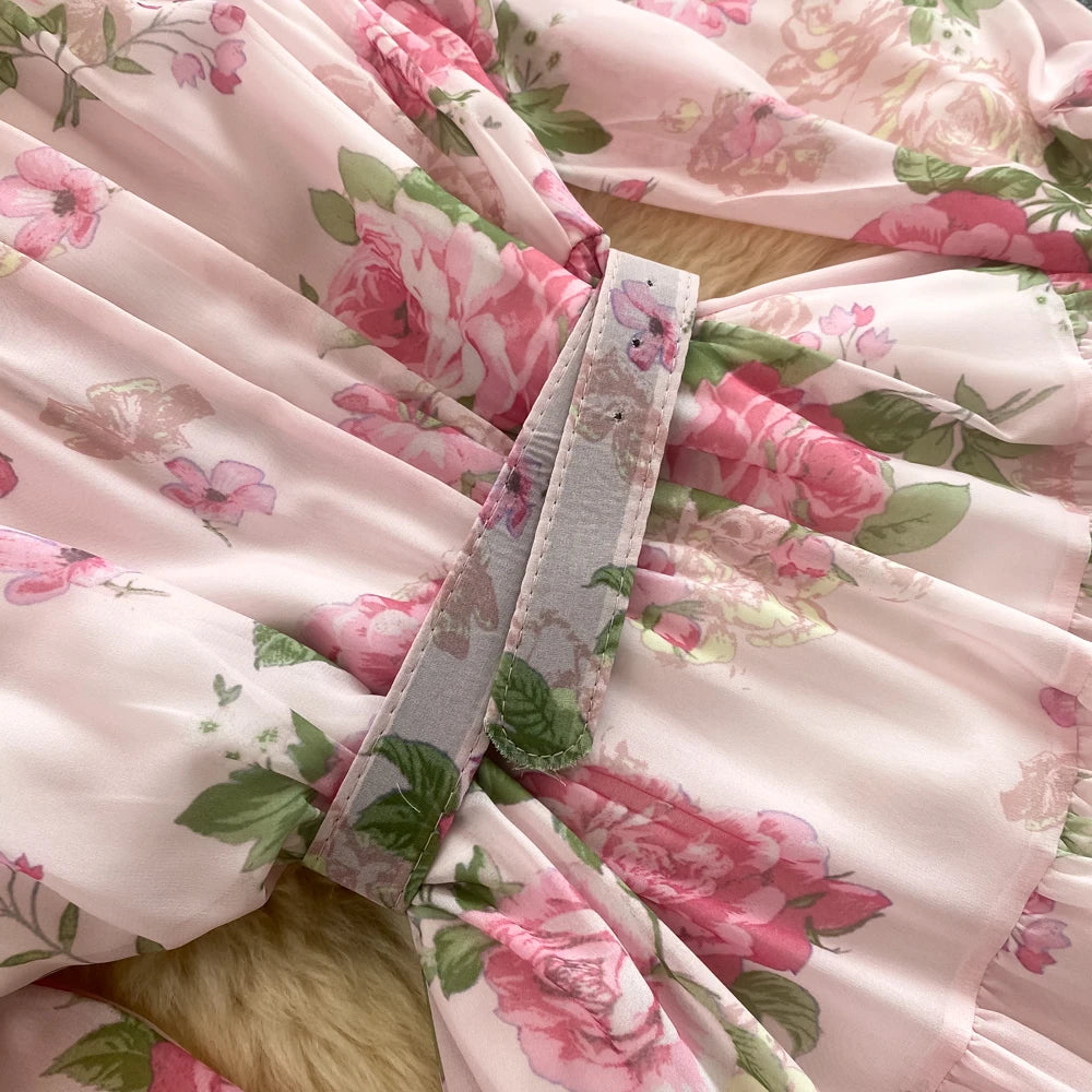 Spring Autumn Women Floral Chiffon Long Dress Vintage Purple/Pink/Black/Beige Stand Collar Single Breasted Maxi Robe Elegant New Viralgem Store