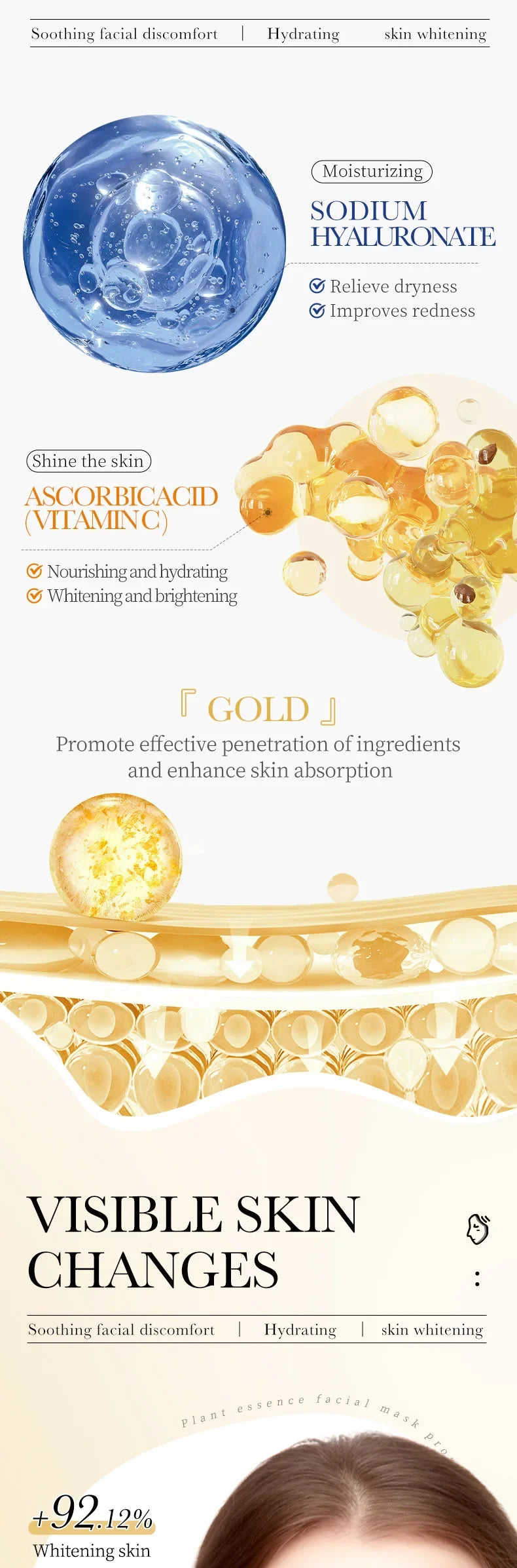 15pcs 24K Gold Hyaluronic Acid Face Mask Facial Firming Moisturizing Anti Wrinkle Whitening Facial Masks Skin Care Products