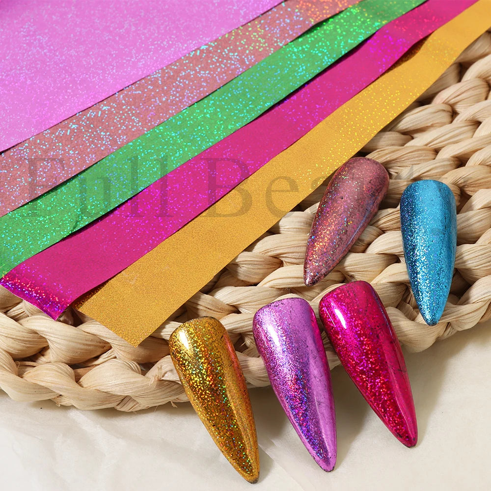 10Pcs Hologram Transfer Foil Nails Laser Stars Holographic Nail Stickers Mermaid Tail Sliders Metallic Gel Polish Wraps NLXKY01