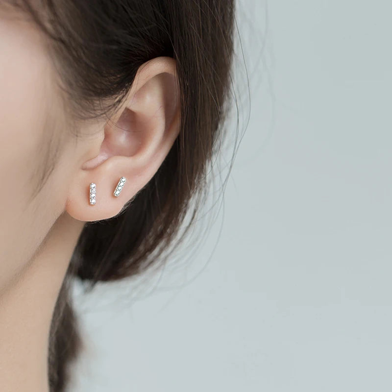 925 Sterling Silver Ear Needle Zirconia Minimalist Small Stud Earrings For Women Fashion Flat Bar Earrings Fine Jewelry Gifts