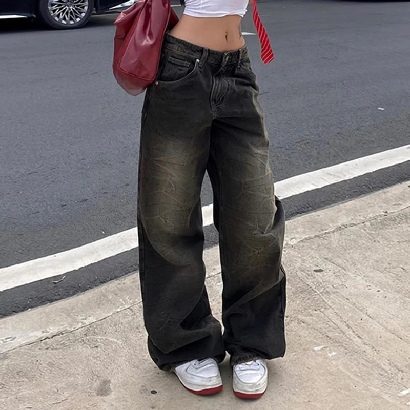 SUCHCUTE Low Waist Jeans for Women Goth Y2k Style Baggy Jeans Punk New Jeans Wide Leg Denim Pants Kpop Casual Loose Streetwear
