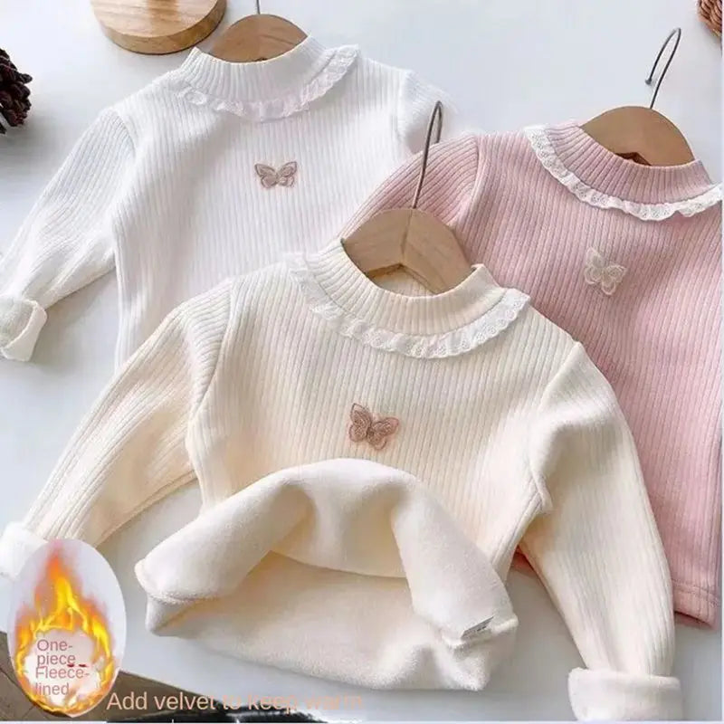 Toddler Baby Girl Velvet Warm Tops Children Turtleneck Butterfly Sweater Shirts 1-13Years Children Base Tops in Pink Beige 6 8 9 Viralgem Store
