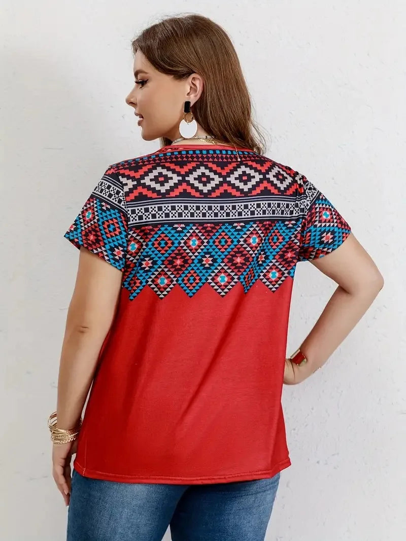 Women T Shirt Plus Size Tops Fashion clothes Women's Plus Southwestern Print Casual Tees Round Neck Short Sleeve T-shirt Tops