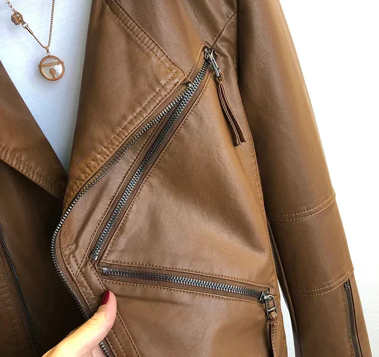 Spring Autumn Vintage Faux Leather Jacket Women Brown Moto Biker  Leather Coats Casual Street Wear Zipper PU Basic Outwear