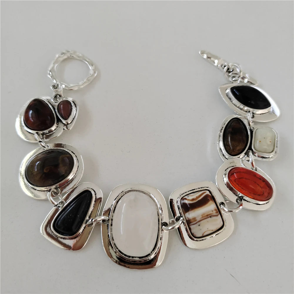 2025 New Indian Vintage Statement Resin Bracelets Women Boho Ethnic Gold Silver Plated Metal Links Charm Bracelets Jewelry