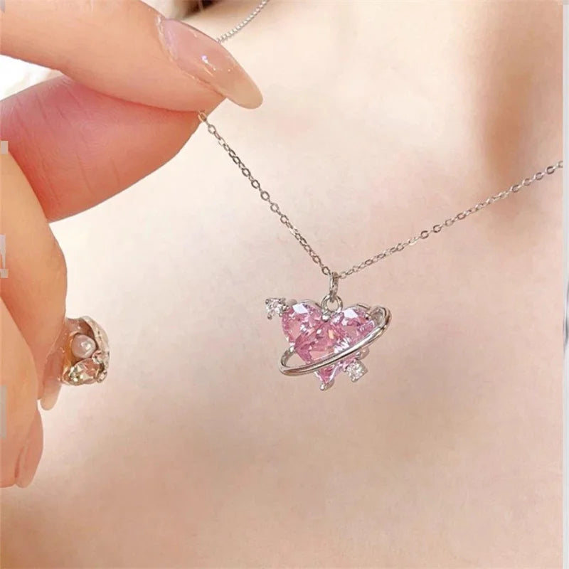 Y2K Pink Planet Heart Zircon Pendant Necklaces Women Fashion Aesthetic Clavicle Chain Necklace Valentines Day Gift Party Jewelry Viralgem Store