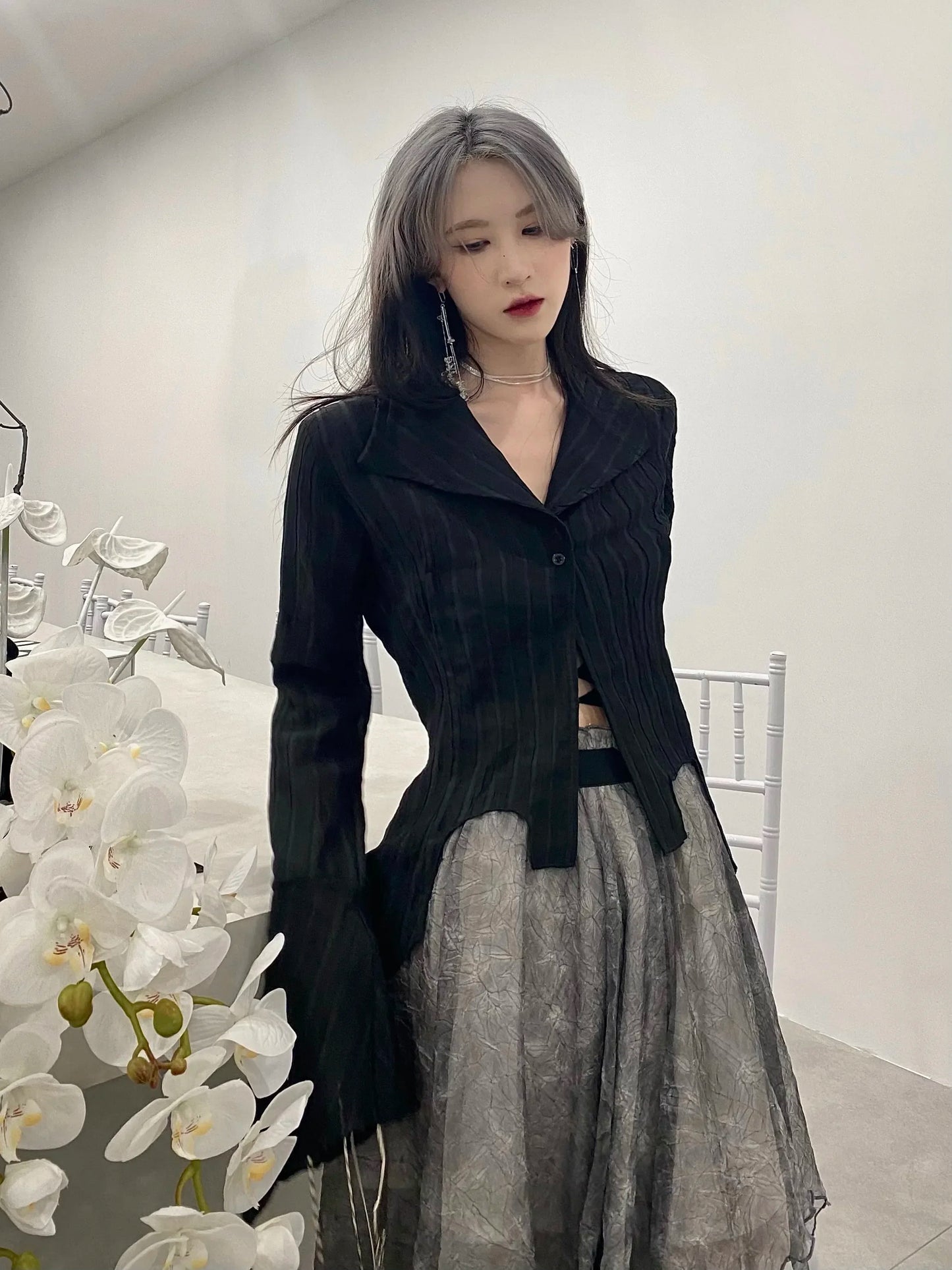 Yamamoto Style Black Shirt Women's Extended Sleeves Irregular Blouses Babes Retro Dark Aesthetic Clothes Gothic Tops