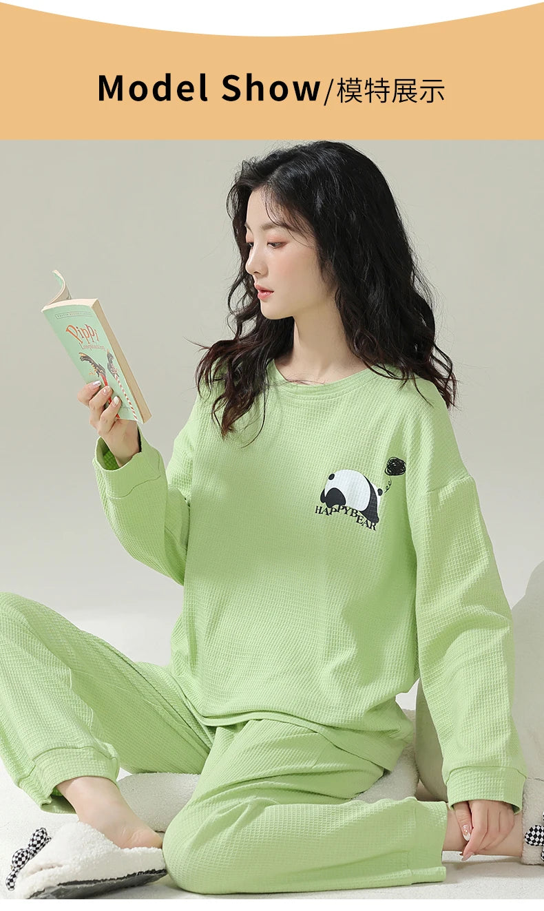 SUKAE Waffle Cotton Korean Minimalist Style Women Pajamas Spring Autumn Long Sleeves Lady Sleepwear Kawaii Round Neck Homesuits