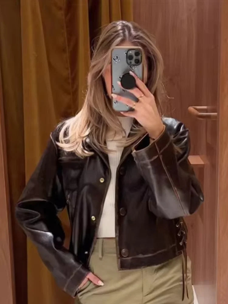 Vintage Cropped Distressed Leather Jacket For Women Chic Lapel Single Breasted Lace Up Coat Autumn Lady New Chic Streetwear 2024