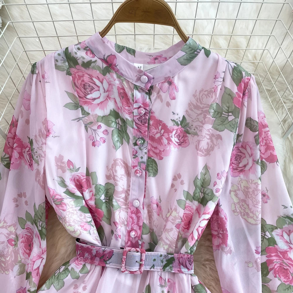Spring Autumn Women Floral Chiffon Long Dress Vintage Purple/Pink/Black/Beige Stand Collar Single Breasted Maxi Robe Elegant New Viralgem Store