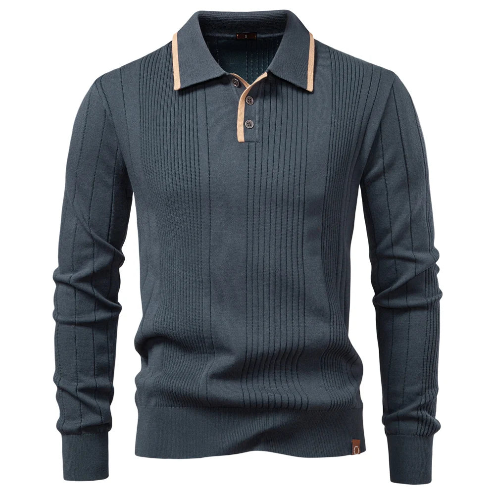 2025 Button Down Polo Shirt Men Solid Color Stripe Long Sleeve Fall Winter Luxury Warm Touch Business Casual Mens Polo Shirts