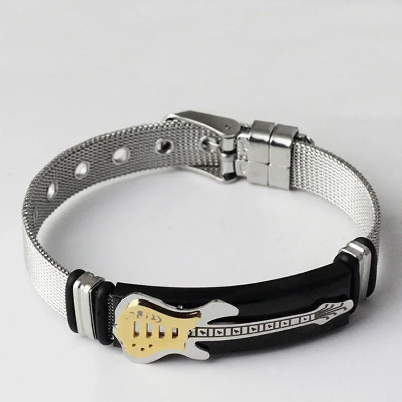 10mm Stainless Steel Guitar Bracelets Fashion Men's Bend Tag Adjustable Mesh Band Bangles Couple Music Party Jewelry Gift Viralgem Store