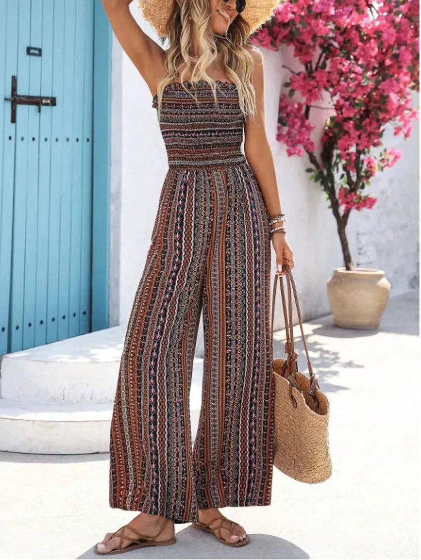 2025 spring/summer new striped printed strapless backless one-piece collar elastic waist jumpsuit for women wearing outside Viralgem Store