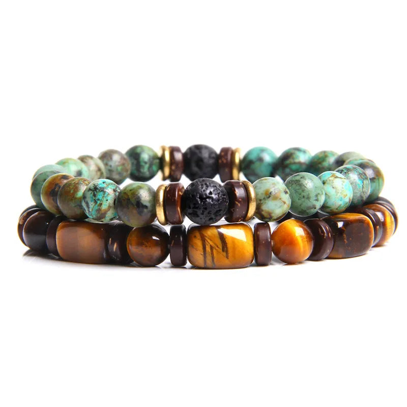 2 Chain Bracelets Friendship Jewelry Handmade Elastic Men Bangle Natural Tiger Eye Stone Beads Bracelet Unisex Pulsera Hombre Viralgem Store