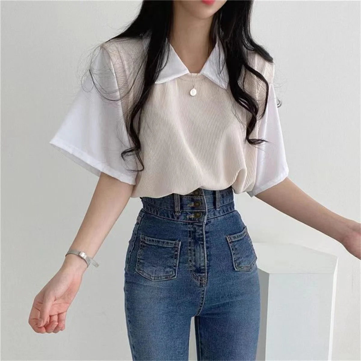 Summer Academy Style Color Blocking Polo Collar Top Fake Two-piece Short Sleeve T-shirt Women Lazy Loose Casual Versatile Blouse Viralgem Store