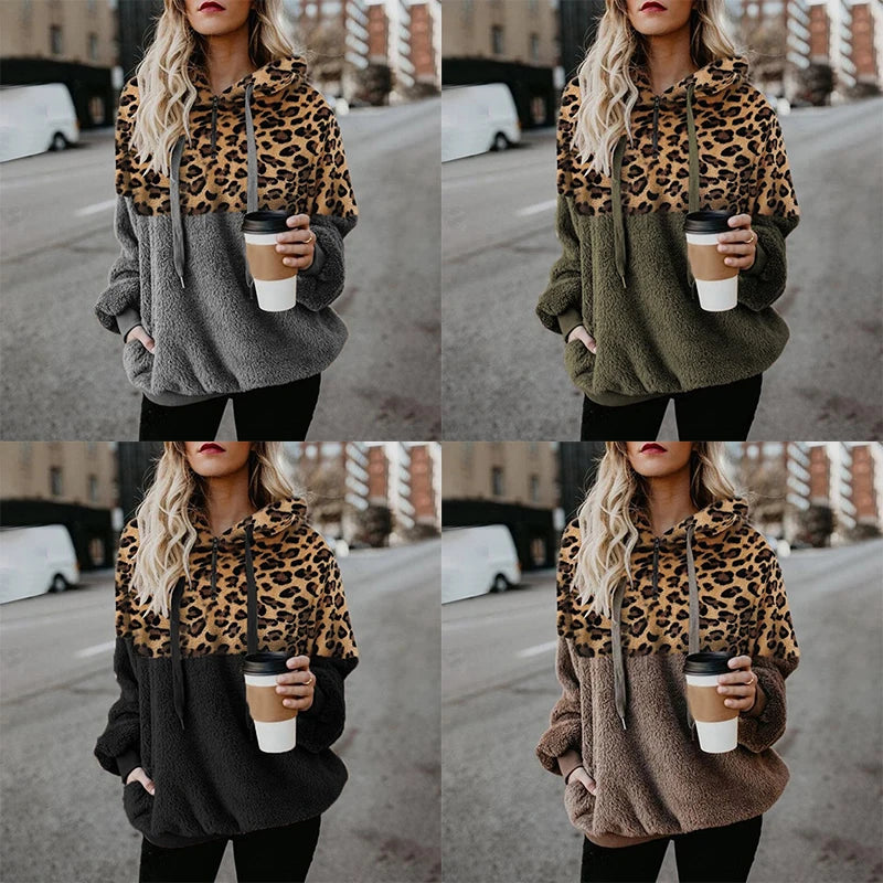 Women's Sweatshirt Autumn Winter American Style Leopard Montage Pocket Zipper Lint Thermal Hooded Sweatshirt