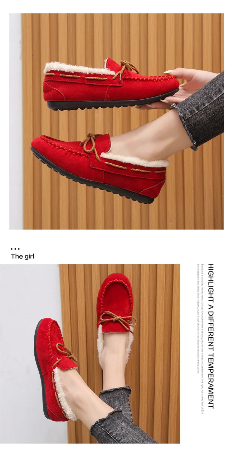 2023 autumn and winter new Doudou shoes women plus cashmere warm bow Korean version of casual shallow mouth flat lazy cotton sho