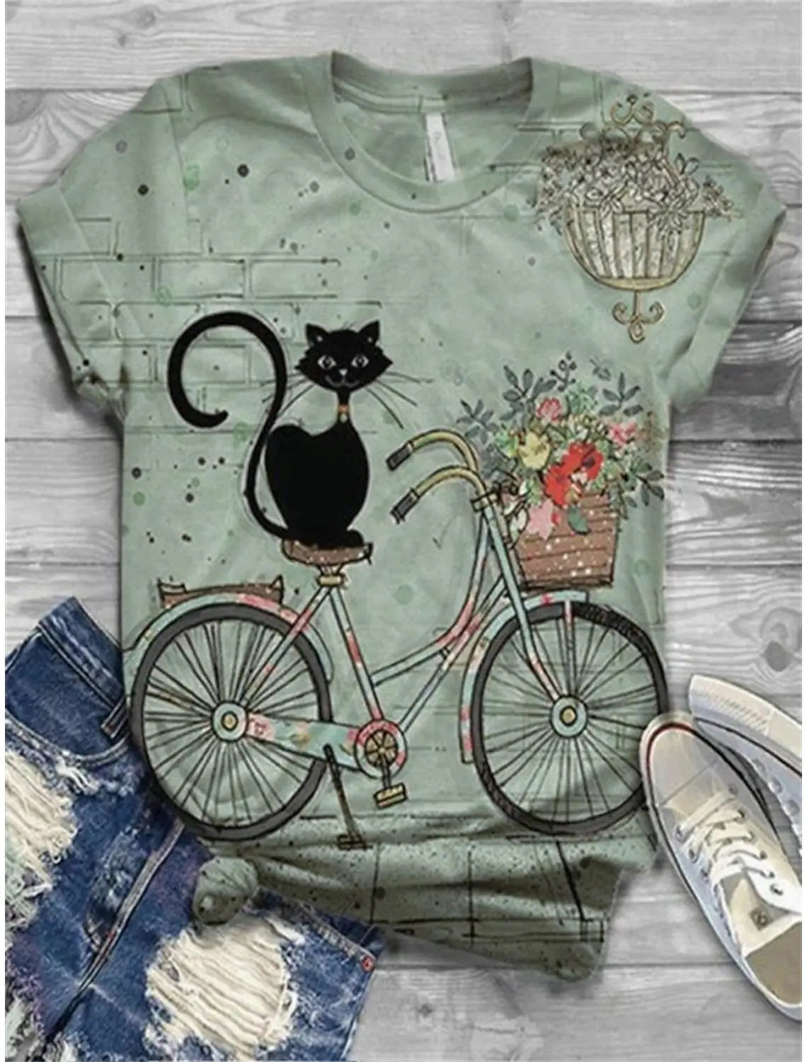 Women's T-shirt, flower cat 3D printed short sleeved daily basic round neck, regular slim fit, women's short sleeved top