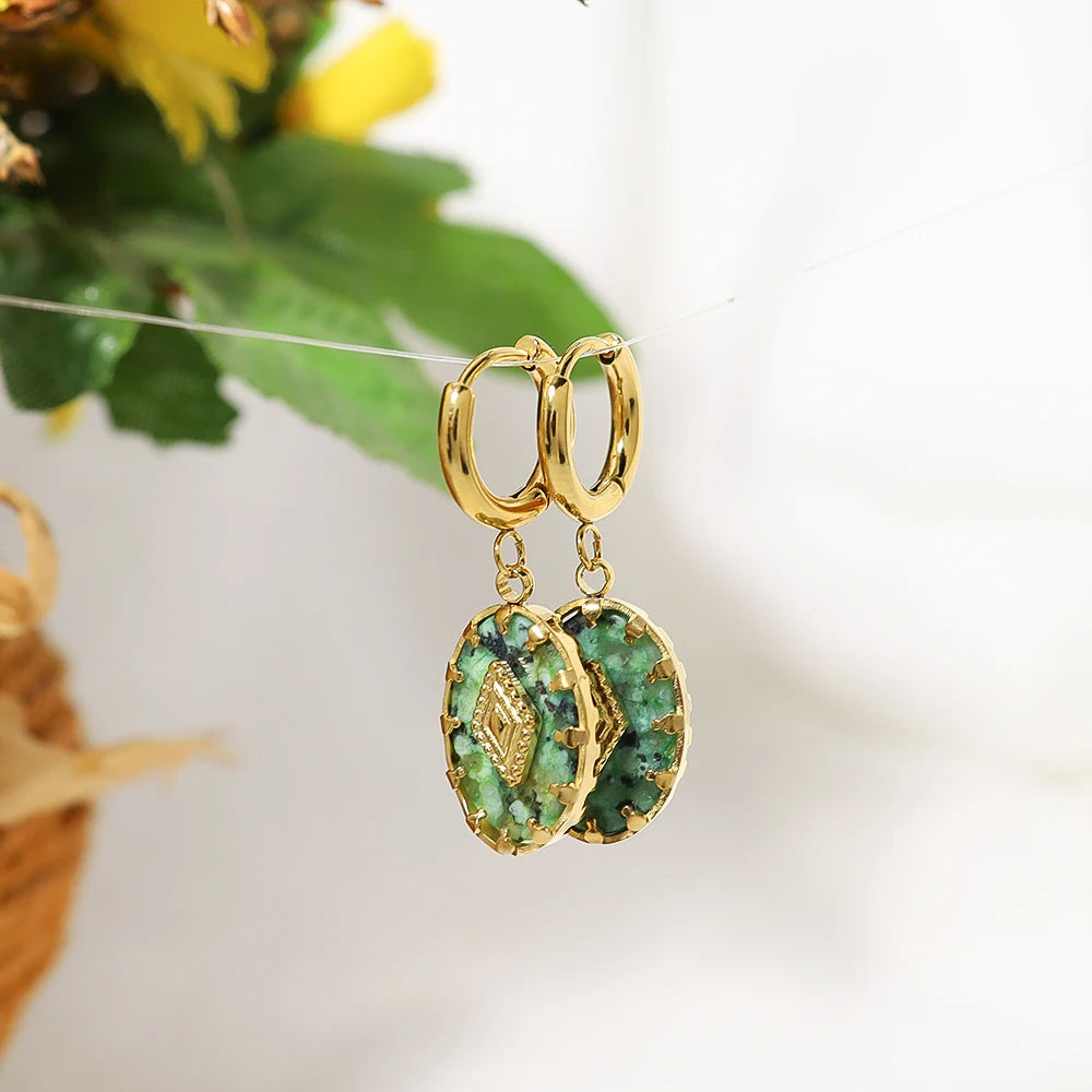 WILD & FREE 18K Gold Plated Natural Stone Stainless Steel Drop Earrings for Women Green African Turquoise Charm Vintage Jewelry
