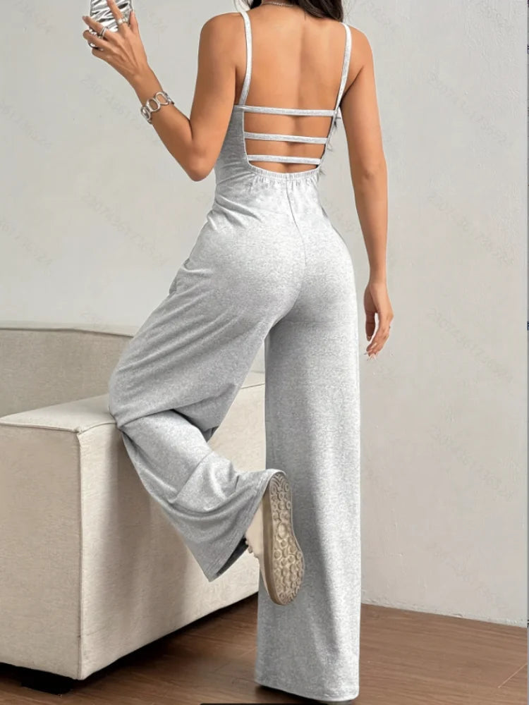 Women's Casual Halter Jumpsuit Spring and Summer Daily Solid Slim-Fit Backless Sleeveless Jumpsuit Lady's Floor-Length Trousers Viralgem Store