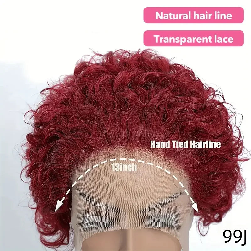 99j Red Short Curly Wigs Pixie Cut Lace Front Wigs 6 inch Human Hair 13X1 Pixie Burgundy Human Hair Wigs For Women Pixie Wig