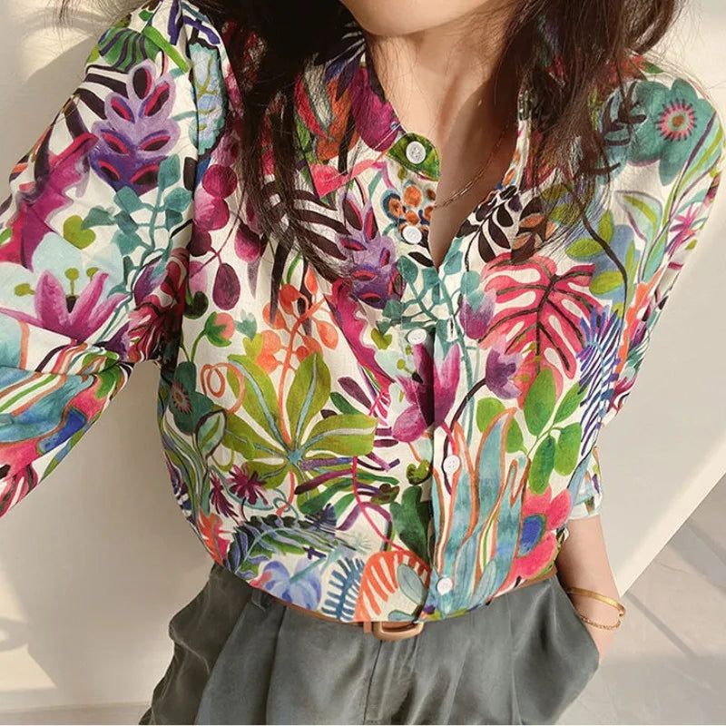 Spring Summer New Women's Polo Neck Plant&Flowers Printed Blouses Commute All-match Straight Long Sleeve Single-breasted Shirts Viralgem Store