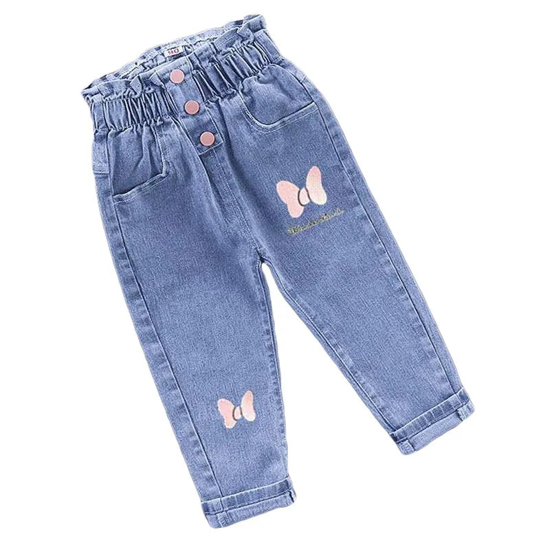 Winter Baby Girls Plush Denim Pants Toddler Kids Cartoon Butterfly Printing Jeans Children Fashion Leisure Keep WarmTrousers1-6Y