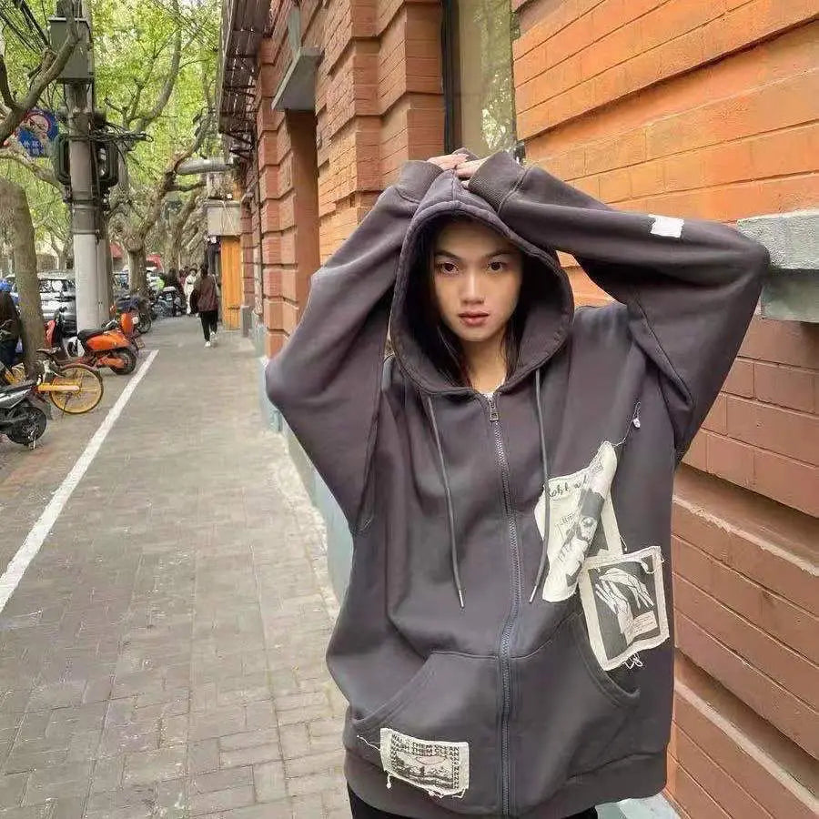 Zip Up Hoodie Grunge Aesthetic Clothes Oversized Sweatshirt with Zipper Vintage Y2k Tops Kawaii Coat Spring Autumn Streetwear
