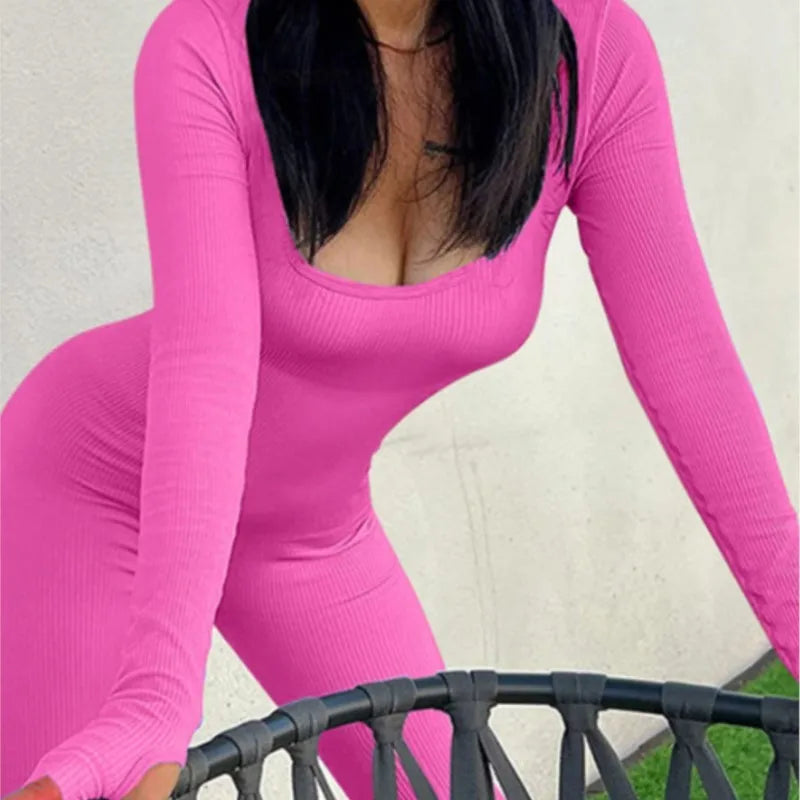 Women Elegant Skinny Jumpsuits Fall Winter Solid Ribbed Knit Long Sleeve Jumpsuit Y2k Square Neck Bodycon Sport Playsuits Female Viralgem Store