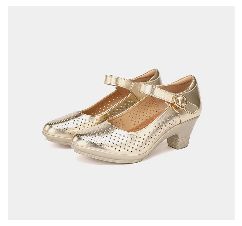 5.5cm 7.5cm Small Size 33 Breathable Cutout Block Heels Shoes Mary Janes 2024 Soft Leather Platform Pumps for Mom Dance Model
