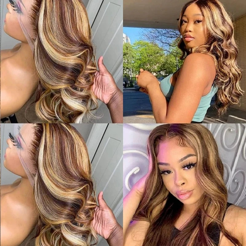 13×4 13x6 Highlight Lace Frontal Wig Body Wave Ombre Colored Honey Blonde Lace Front Human Hair Wigs For Women Pre Plucked