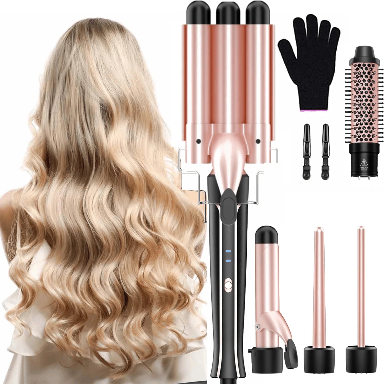 5 in 1 Curling Iron Set with Curling Brush, 0.35”-1.25” Hair Curler Wand for Hairstyle and Heat Resistant Gloves and Hair Clips Viralgem Store