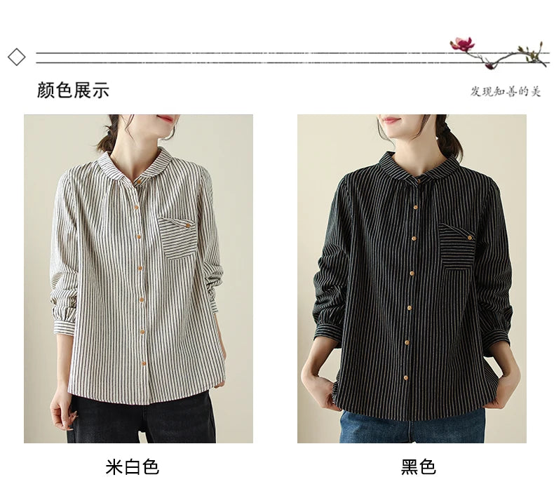 Women Long Sleeve Casual Shirt New Arrival 2024 Spring Korean Style Vintage Striped Loose Female Basics Cotton Tops Shirts B3254