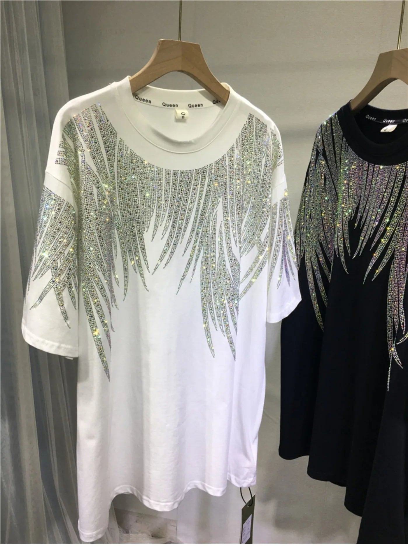 Women Tops Sequin Print Tees Round Neck Half Sleeve Loose Casual Regular Splice T Shirts Simple Hot Drilling Mid Length Top