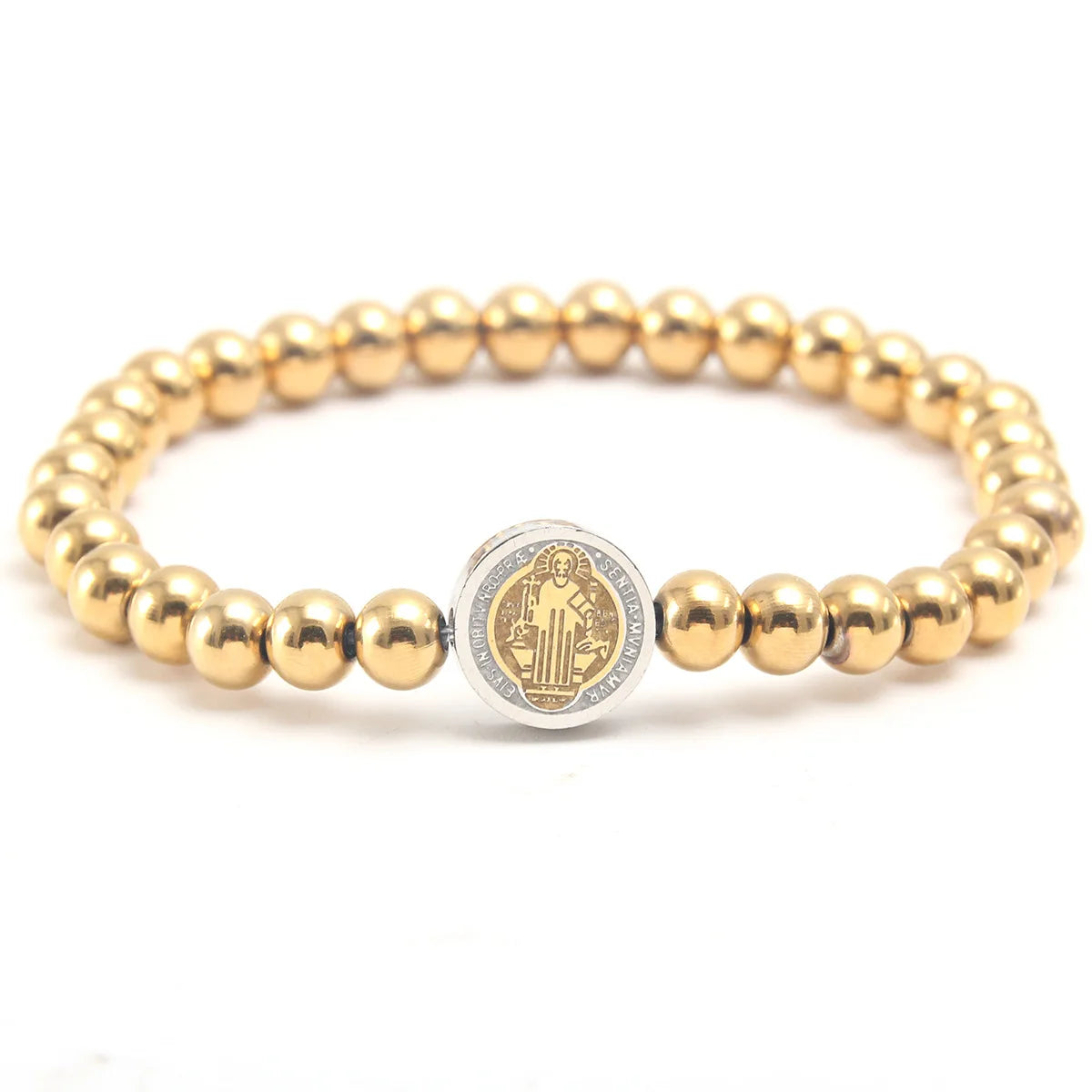 Stainless Steel San Benito Bracelet For Women Gold Color Metal St Benedict Cross Bracelet 6mm Bead Chain Pulseira