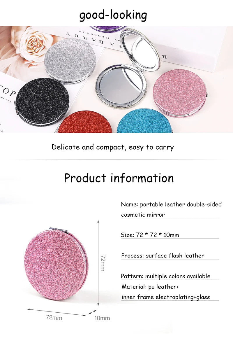 1pc Portable Glitter Round Makeup Mirror Hand Pocket Folding Cosmetic Mirror Double Face Make Up Mirror