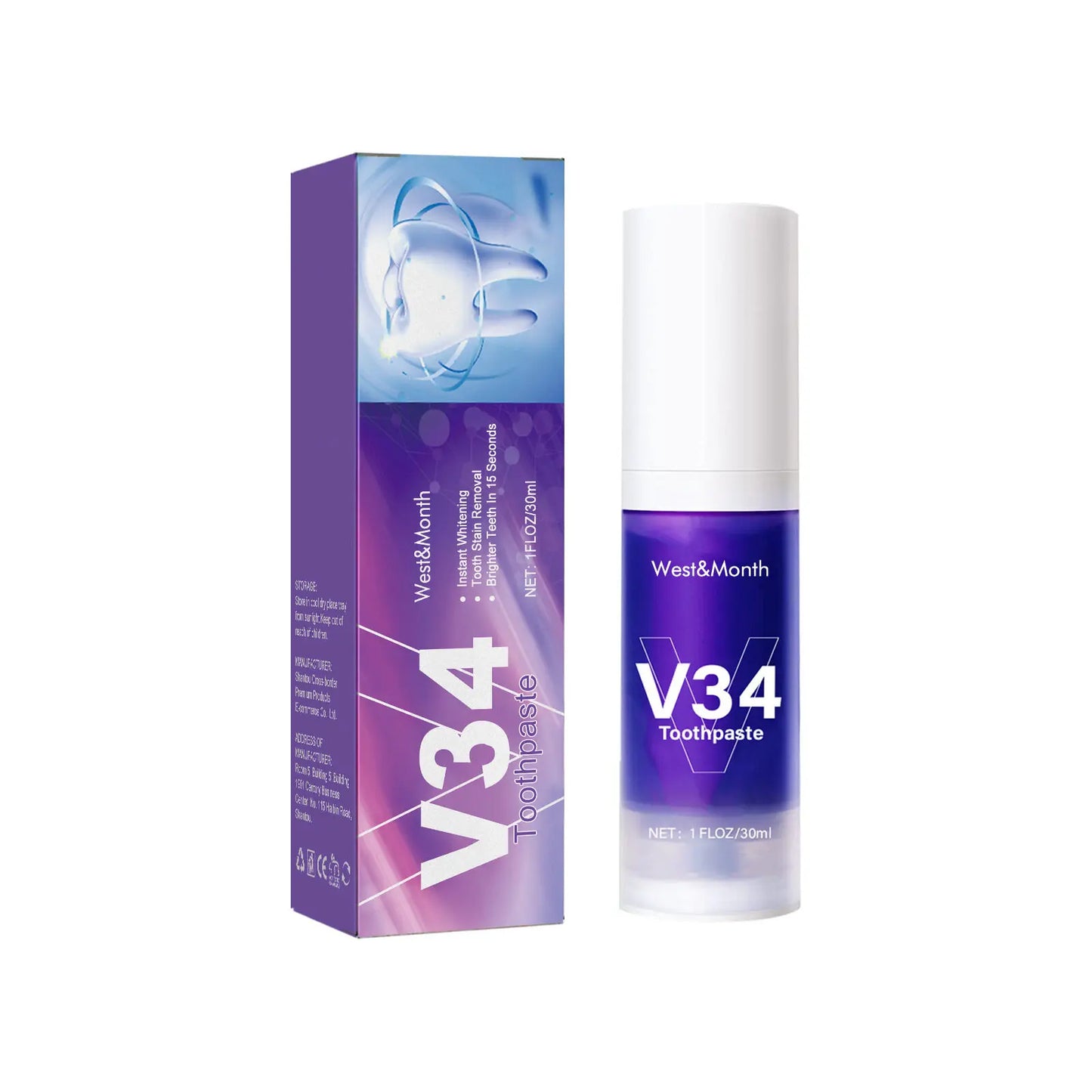 30ml V34 SmileKit Purple Toothpaste Whitening Removes Tartar Clean Oral Hygiene Fresh Breath Brightening Teeth Care Products
