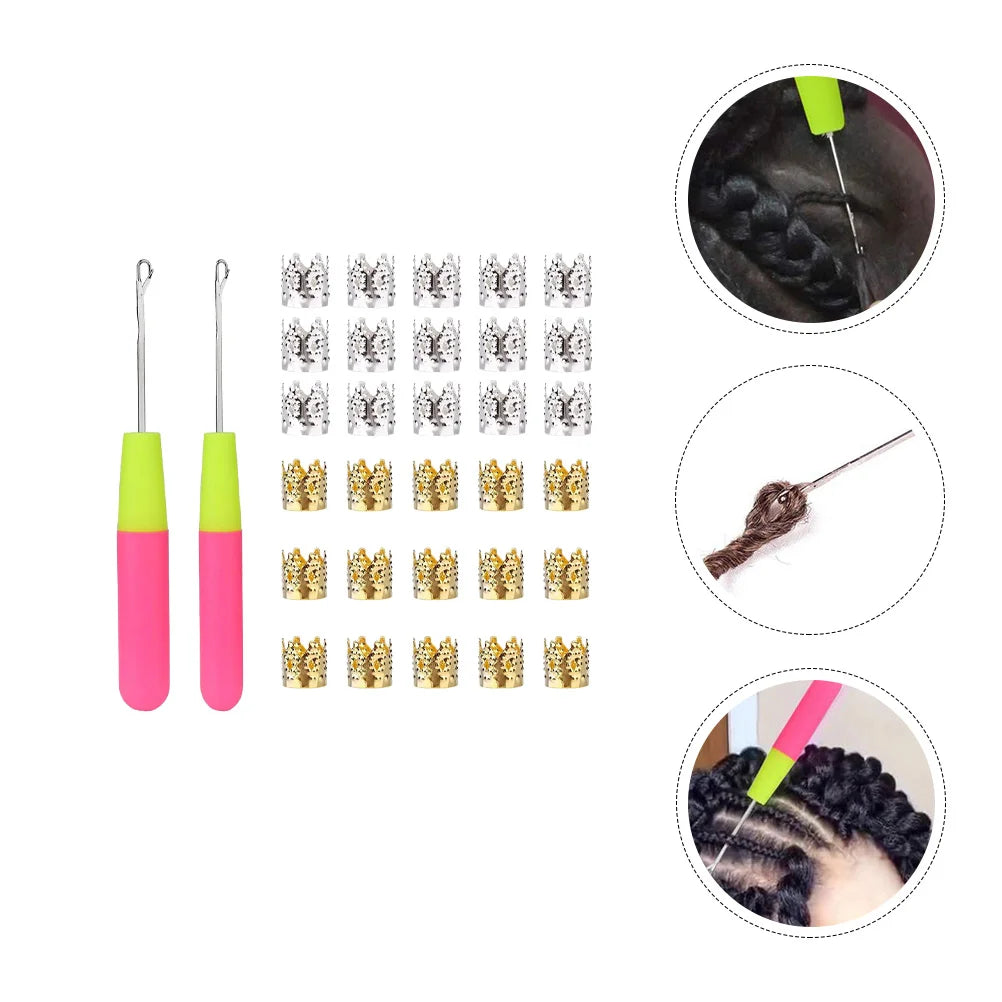 32 Pcs Crown Hair Buckle Set Dreadlocks Kit Braid Needle Crochet Buckles Ring Decors Metal Tool