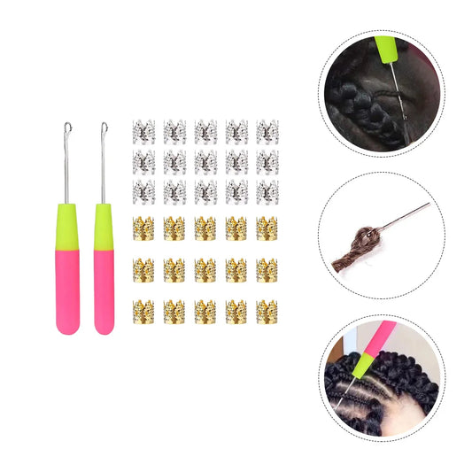 32 Pcs Crown Hair Buckle Set Dreadlocks Kit Braid Needle Crochet Buckles Ring Decors Metal Tool