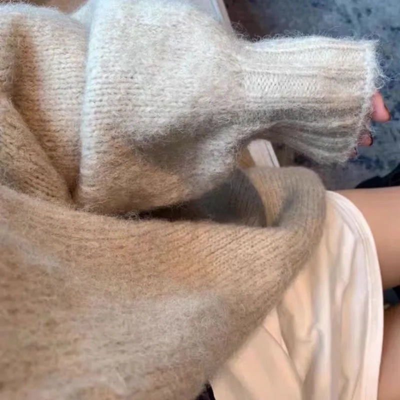 Zoki Autumn Winter Thicken Warm Women Cardigan Sweater Korean Lazy Wind Soft All Match Cardigans Tops Solid Loose Knitted Coats