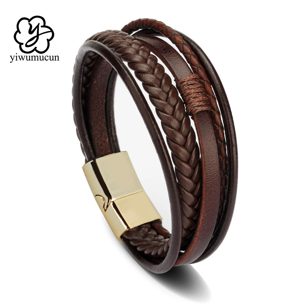 Trendy Leather Bracelets For Men Stainless Steel Bracelet 21CM Multilayer Braided Rope Bracelets for Male Jewelry Gifts Viralgem Store