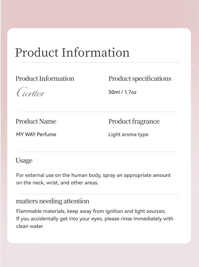 50ml (1.7oz) Original Brand Perfume My Way Flying Sand Long Lasting Light Fragrance Wood Perfume For Women